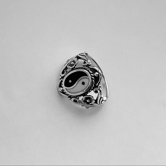 Sterling Silver Statement Yin Yang Ring with Flower, Yoga Rings, Balance of Life - Picture 9 of 12